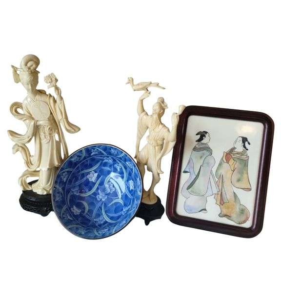 Asian Decor Carved Look Figures Bowl Hand Painted Water Color Art