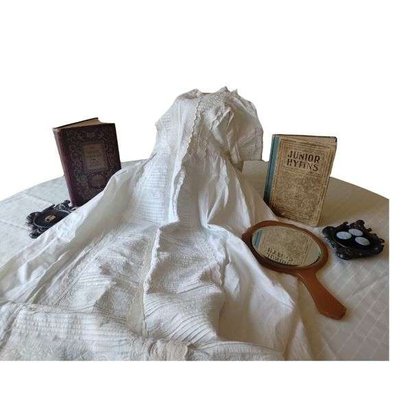 Antique Baptism Gown Portrait Button Books Hand Mirror