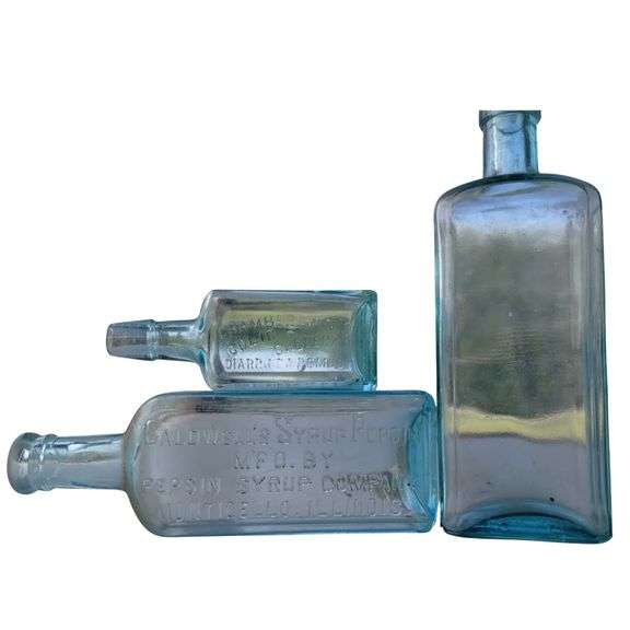 3 Antique Apothecary Medicine Bottle Aqua Blue Caldwells Chamberlin
