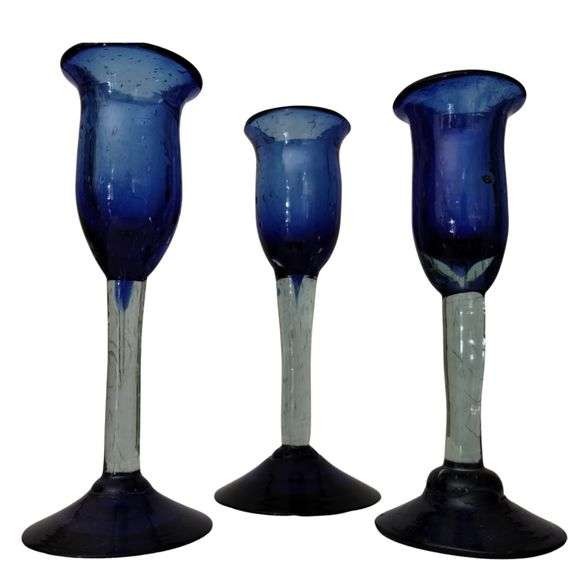3 Art Glass Cobalt Clear Bubbles Candleholders Stemmed