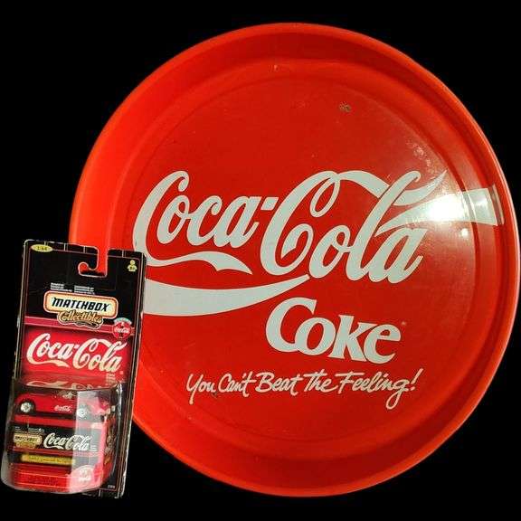 Coca-Cola Metal Tray and Matchbox Collectible Toy Vehicles Set