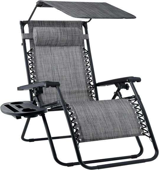 Folding Zero Gravity Recliner Patio Lounge Chair w/ Canopy, Side Tray - Gray