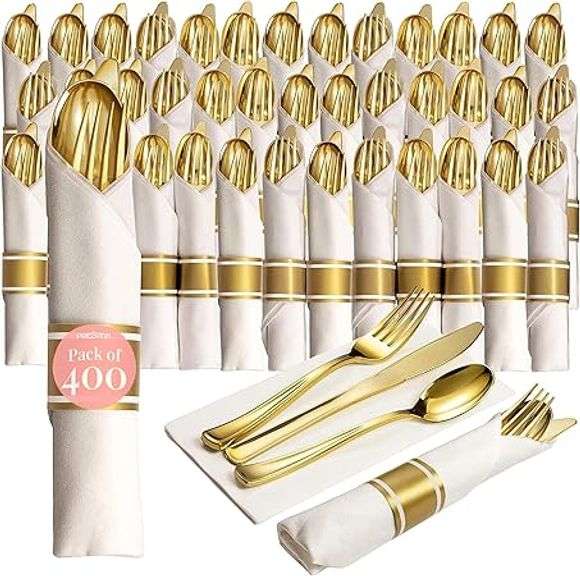 Prestee 400 Piece Pre Rolled Gold Plastic Silverware Set for 100 Guests