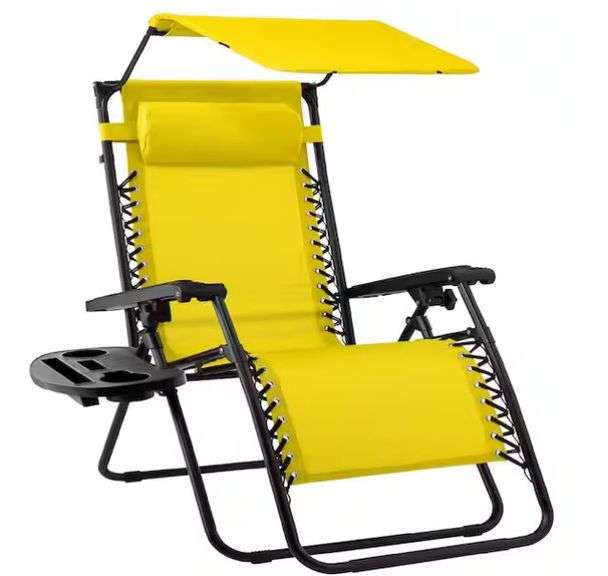 Folding Zero Gravity Recliner Patio Lounge Chair w/ Canopy, Side Tray - Sunflower Yellow