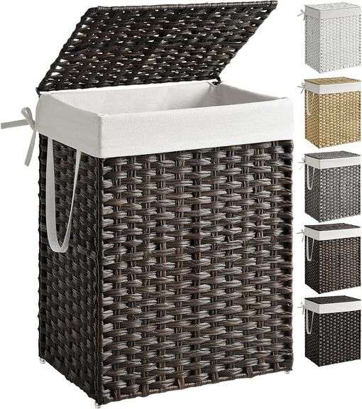 SONGMICS Laundry Hamper with Lid, 23.8 Gallon (90 L) Synthetic Rattan Clothes Laundry Basket with Li