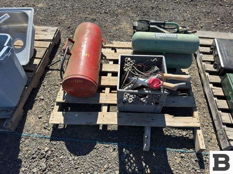 Hitachi EC12 Electric Air Compressor, Air Tank, Misc. Tools, Loppers
