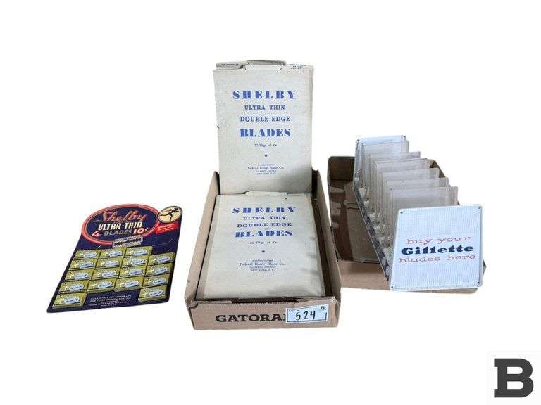 Gillette Razor Pyramid Box NOS Gillette razor display and (2) boxes of Gillette and Shelby razor ...
