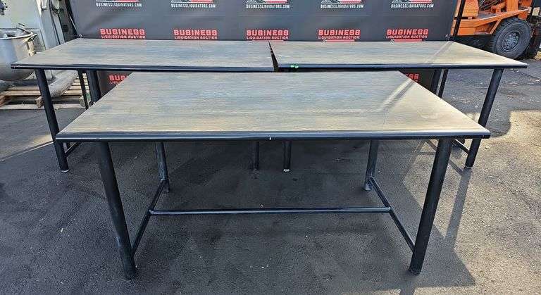 (3) Large Metal Framed Wood Top Tables 60"×36"×30"
