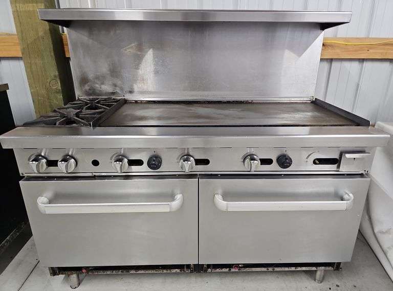 Gas Grill, 2 Burner Stove and Double Oven Combo,  60" with Overshelf