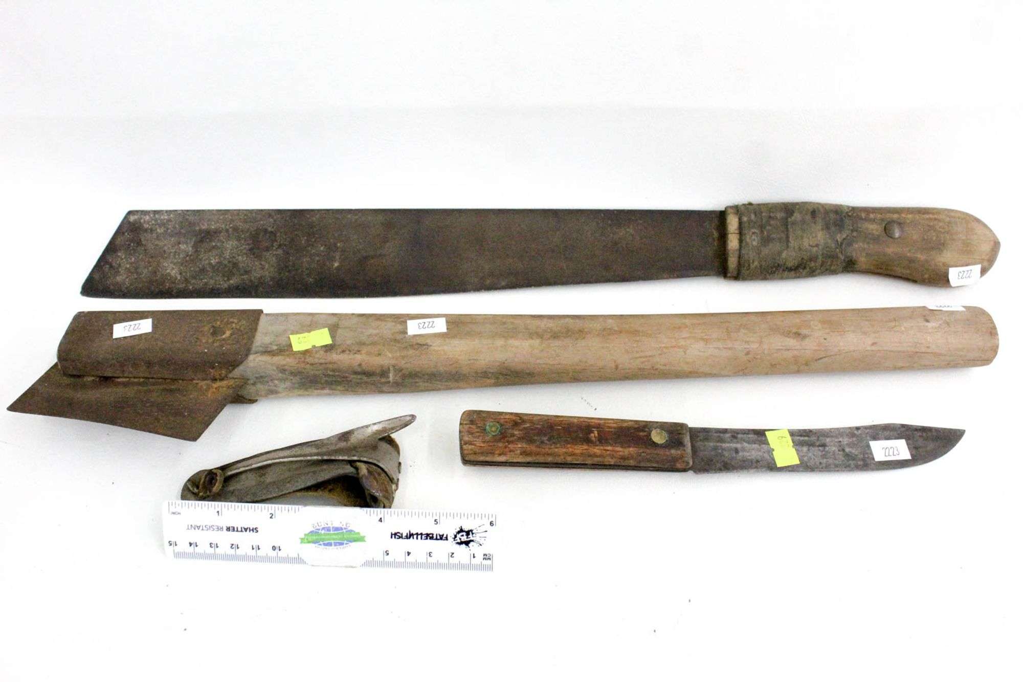 Agriculture Tool Collection, includes vintage tobacco knife -and- machete  -and- more. Four pieces total