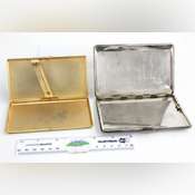 Vintage Cigarette Cases. Har-Bro Made in England E.P.N.S with initials WK  and WIN 9700 ladies Cigarette Case Black and Gold Tone. Two items