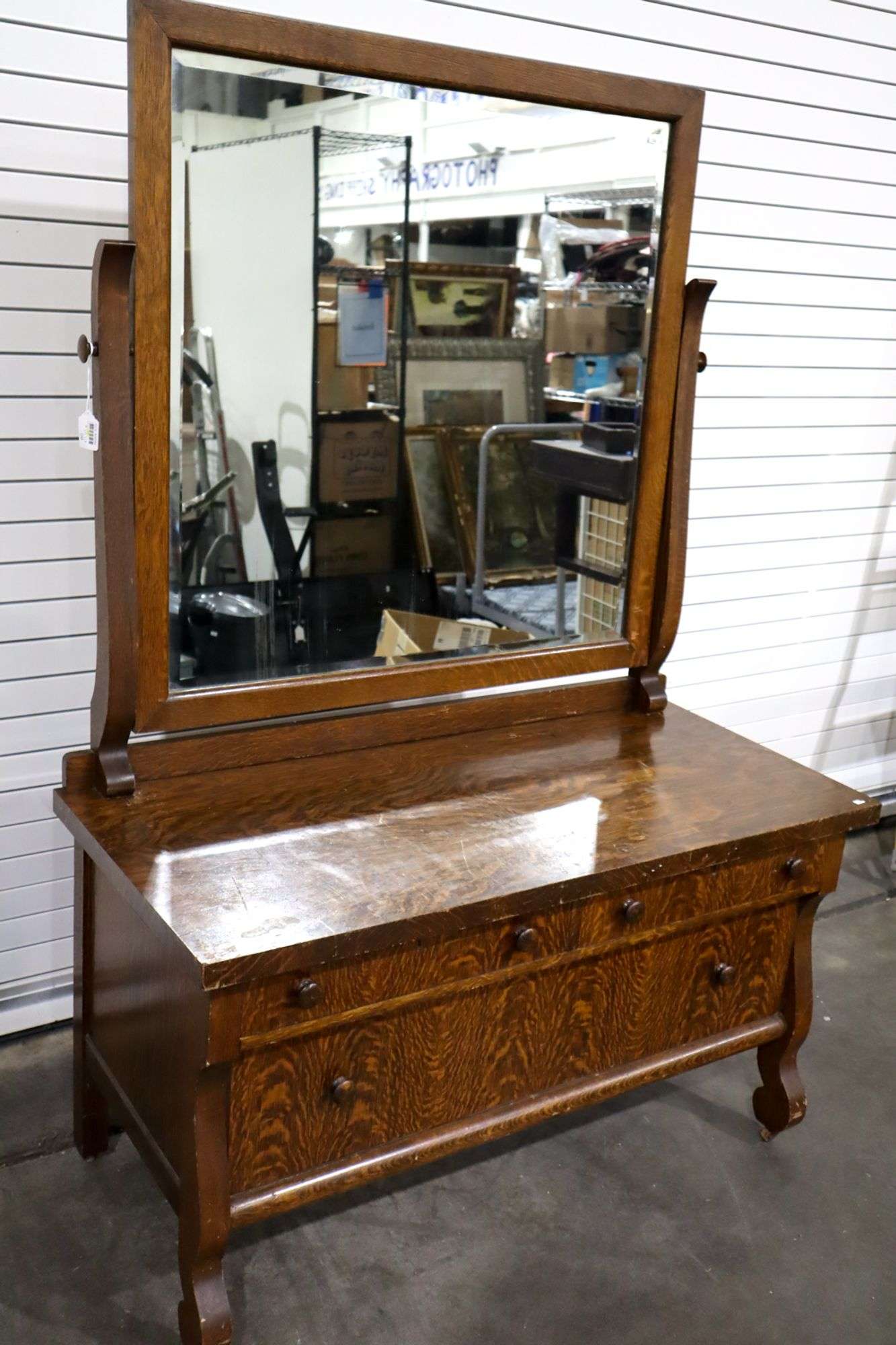 open lace back dress Vintage English Tiger Oak Dresser With Beveled Mirror  No. 7 Pickery Place