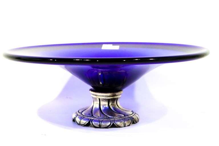 Vintage  Colbalt Blue Bowl on a Silver Base.  16" Diameter