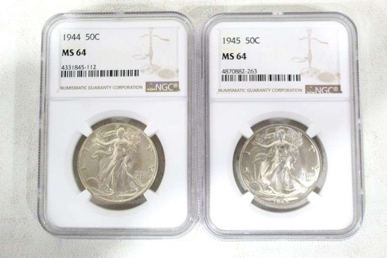 Walking liberty Silver Half Dollars , 1944 "P"  and 1945 "P" , Graded MS 64