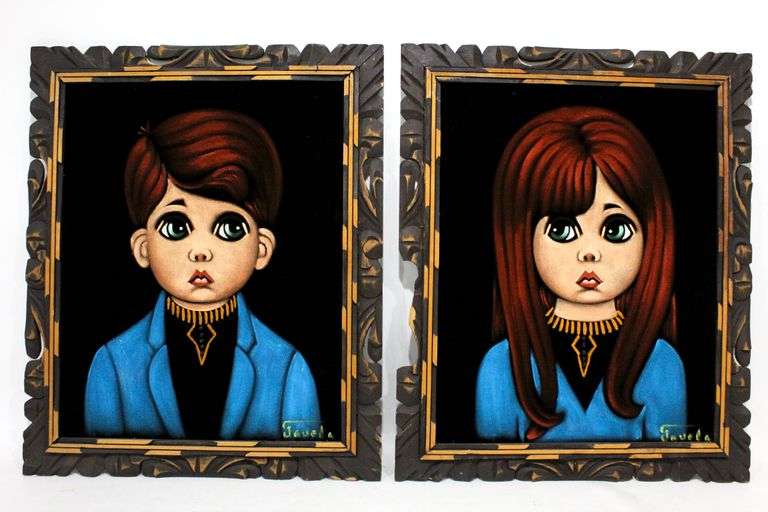 Original , Painted on VELVET , Big Eye Boy and Girl Art - Signed Works - Two Pieces - 23 x 19 each