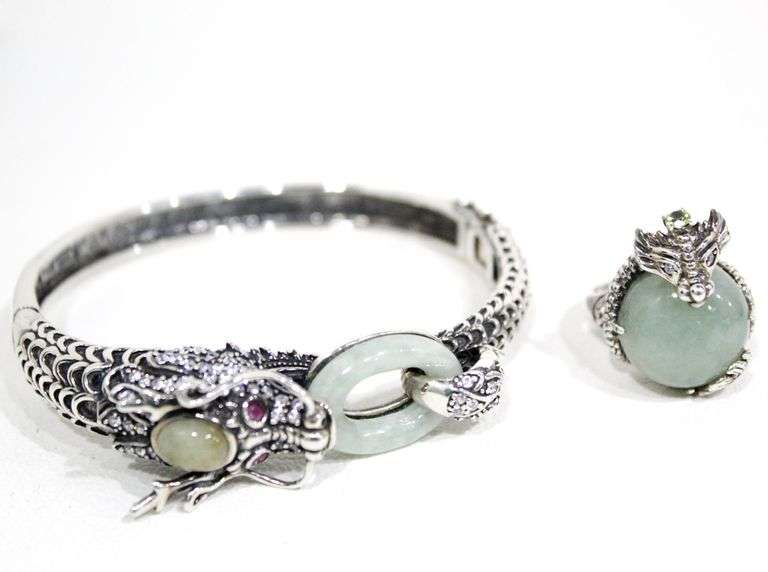 Fabulous Sterling Silver Dragon Bracelet and Ring.  Both are set with Jade, the bracelet dragon has red Sapphire (tested) eyes, the ring, size 7, is accented with a Peridot.