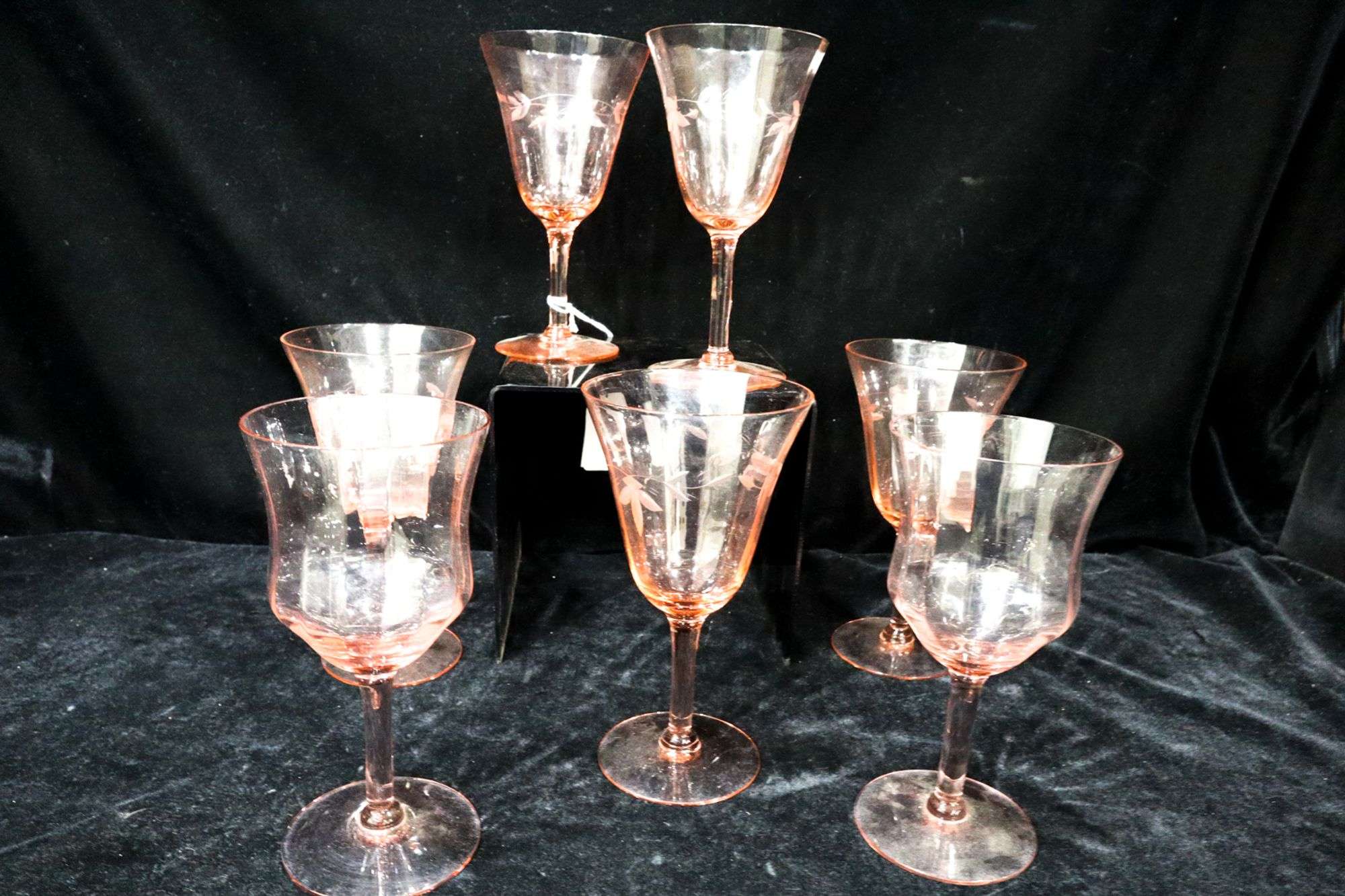 Pink Depression Glass Stemware - two patterns - Seven Pieces - Please Note  Condition - Bunting Online Auctions