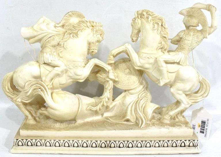 A. Santini Battling Roman Gladiators on Horses Vintage Statue Made in