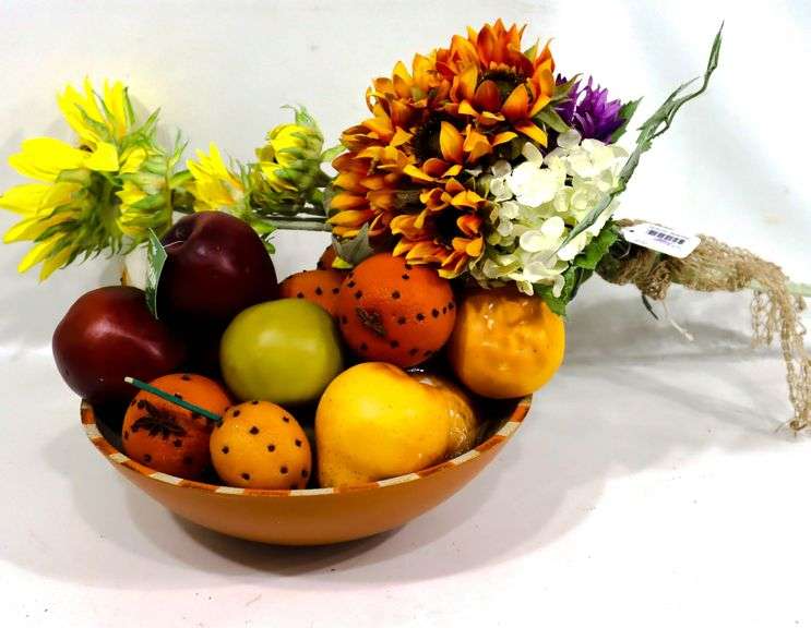 Fall Holiday Decorative Flowers & Fruits Home Decorations with Give Thanks Pumpkin Bowl.  .