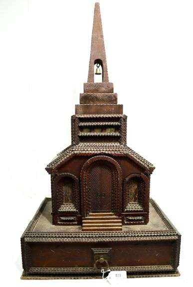 An Exceptional Reliquary Architectural Wood Church Model with Brass Bell , Arched Doorway and Pull-out Storage Compartment.  3-D One sided - Stamped Marking on Back.  19"x12"x36"