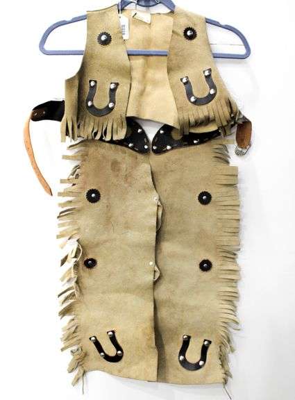 New! Showman Kid's Suede Chaps and Vest with Horsehoe Design