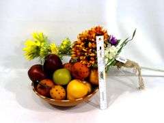 Fall Holiday Decorative Flowers & Fruits Home Decorations with Give Thanks Pumpkin Bowl.  .