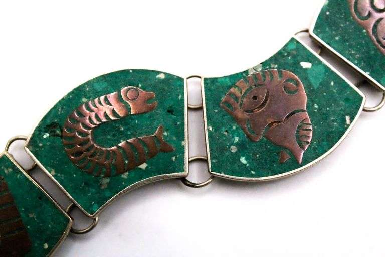 Bracelet En Argent Alpaca Et Turquoise - Bijou Mexicain Occasion - Pierre Dominante Argenté
