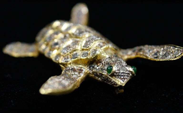 14 KT Gold, Diamond Encrusted (tested), and Sterling Silver Large Turtle Brooch.