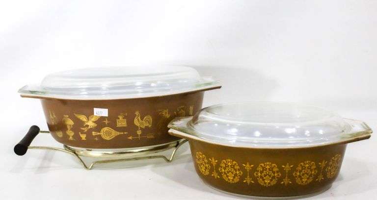 Pyrex Glass Cookware:  Regency Promotional Design Casserole with Lid - and - Early American Casserole with Lid and Cradle
