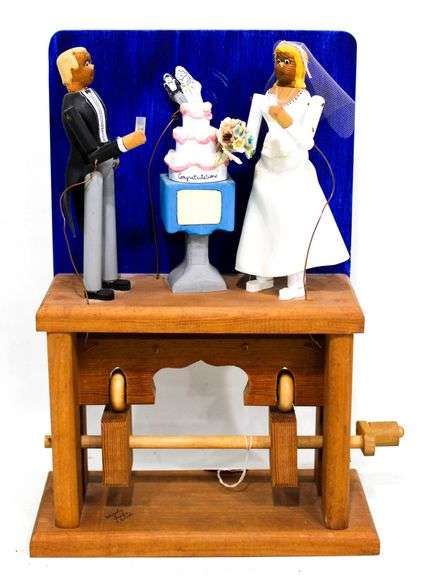 Wedding Bridal Bride Groom Handcrafted Mechanical Wood Sculpture.  Artist Signed - Woody Jones c1989.  (11"x15"x5")