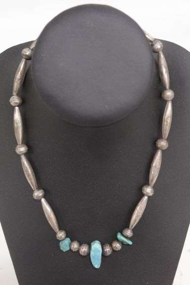 Human Hair Rope, Bench Bead, and Turquoise Native American Necklace. Rope fibers appear to be translucent .