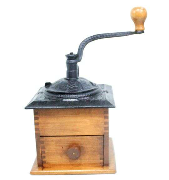 Embossed Metal & Wood Hand Crank Coffee Grinder. Bunting Online Auctions