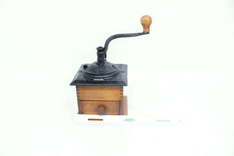 Embossed Metal & Wood Hand Crank Coffee Grinder. Bunting Online Auctions
