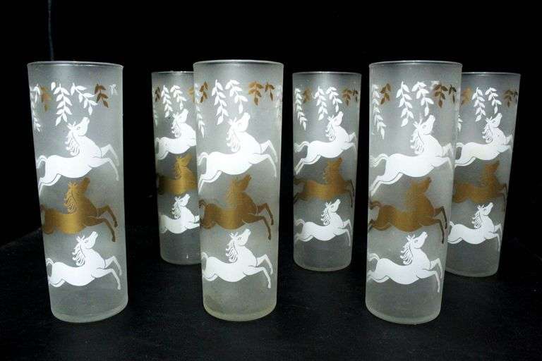 Libbey Vintage Frosted Running Gold White Horses Highball Glasses Mid Century.
