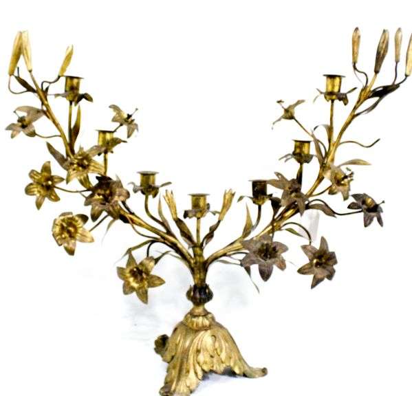 Vintage Brass Metal Flower French Candelabra Candle Holder.  Label Attached  3743 Fielding Williams -  23"x21"
