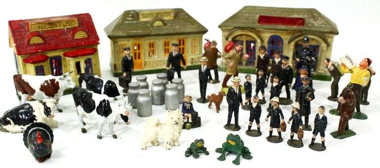 Britains post war Dairy set , Cows , farmer etc , and Trico Japanese train station set , 3 buildings