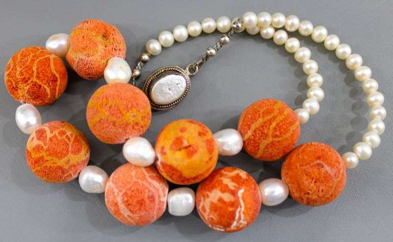 Genuine Pearl, Sponge Coral, and Sterling Silver Necklace, 20"