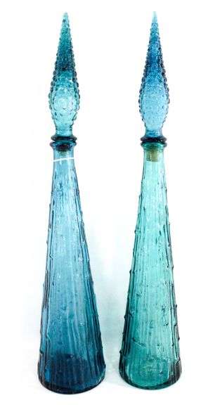 Empoli Italian Glass Genie Bottles with Stoppers in Coastal Turquoise Blue - Pair - 22" each