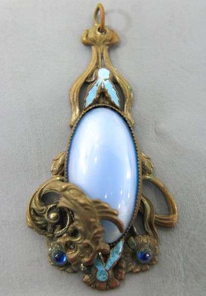 Art Nouveau Max Neiger Tiger Pendant. Neiger Brothers Chatoyant Blue Glass, and Leaf and Dot Enamel. Circa 1920s.