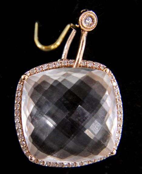 14KT Gold, Diamond, and 15 Carat White Topaz (all tested) Pendant. Dozens of Diamonds Surrounding the Large Topaz. Stunning. 4.42g