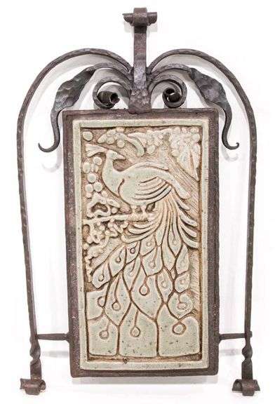 Hand Wrought Copper and Forged Bronze Framed California Art Pottery, Hand Incised Tile, 17"x9" mid 20th Century.