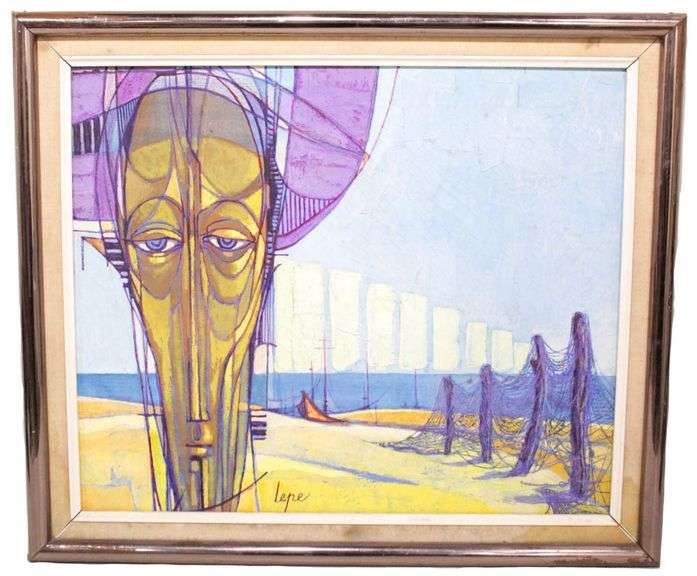 28” X 24” LEPE—SCENIC WITH JESUS. This rare early oil on Canvas is in excellent condition.