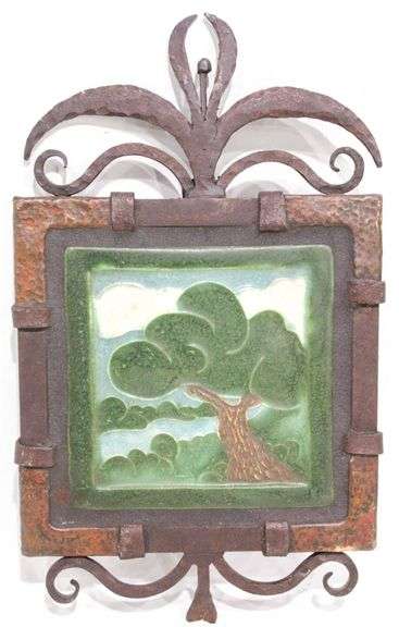 Hand Wrought Copper and Forged Bronze Framed California Art Pottery, Hand Incised Tile, 14"x9" mid 20th Century.