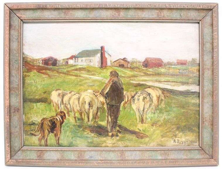 Vintage Hand-made and painted frame Oil on board titled “Sheep in the Storm” by Bryan Wall. - 12.5"x16.5"