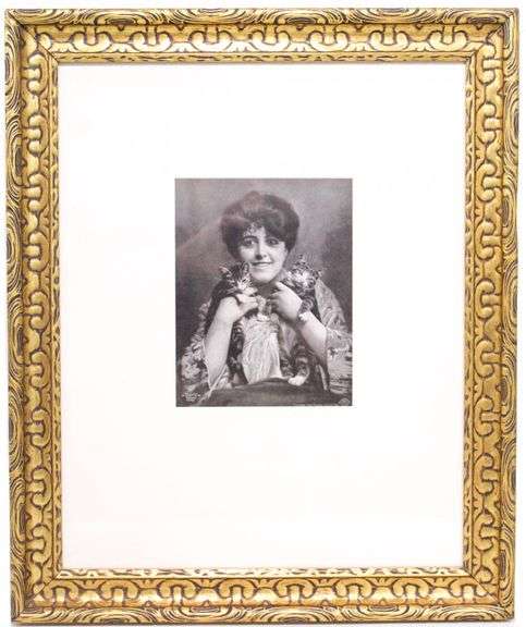 Vintage picture of a Happy Woman hugging twin cats in a gilded frame "21.5" x 19.5"
