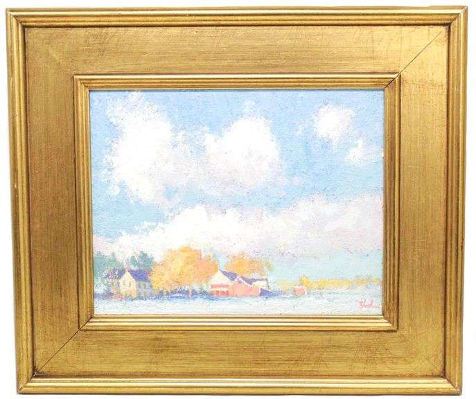 Winter scene with farm buildings by David Hahn in an Arts and Craft Gilded Frame. - Frame: 21” X 19” - Image: 13”x 10.5”