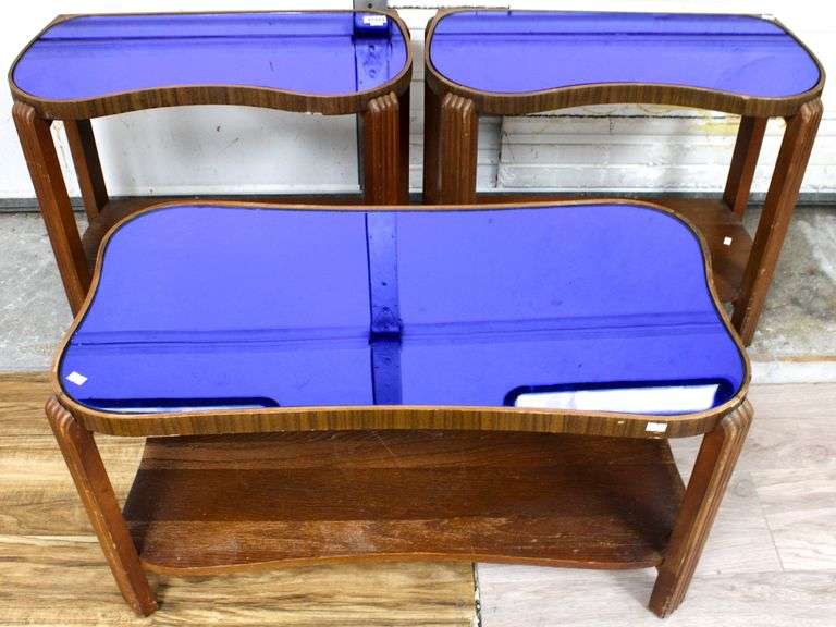 Art Deco Cobalt Blue Mirror Top Coffee and Side Tables.