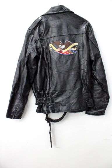 God Bless America Eagle Patch Leather Riding Motorcycle Jacket.  Size Large
