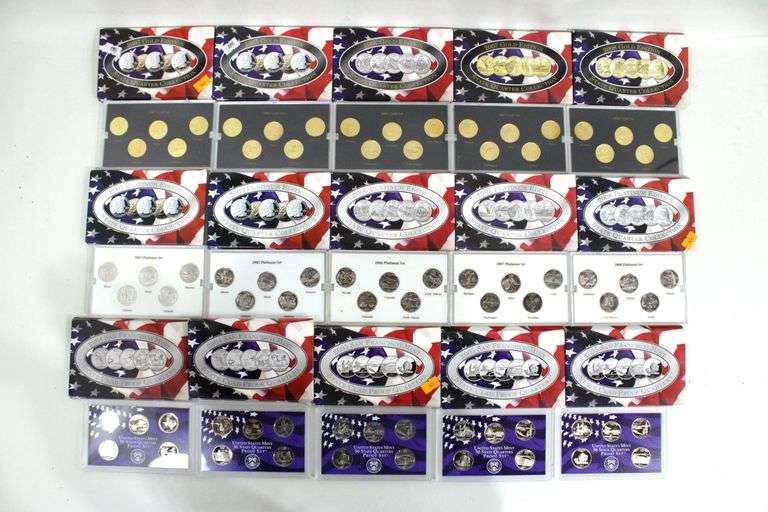 US Statehood Quarter proof sets , 2003 Gold edition x5 , 2005 San Francisco mint , x5 and 2008 Platinum Edition , x5 , 15 sets in total