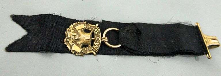 Edwardian Bates & bacon Gold Filled Woodsman of the World Watch Fob, Ribbon, and Chain.